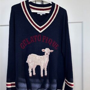 Gelato Pique Navy V-Neck Sweater with Pink Lamb Motif